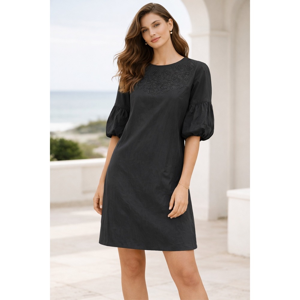 Lauren Ralph Lauren Black Embroidered Cotton Puff Sleeve Shift Dress Size 4‎